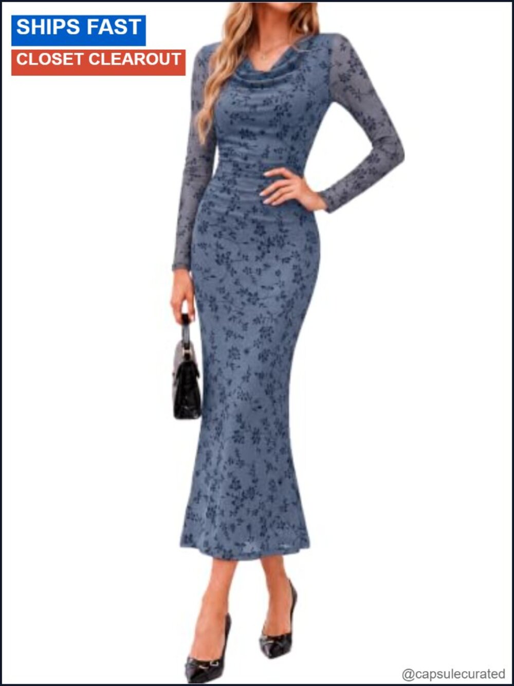 BerryGo Floral Bodycon Maxi Dress Cowl Neck Long Sleeve Party